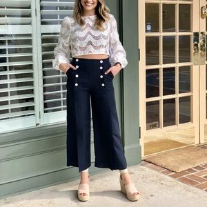 Sam & Lavi Nautical Sailor Navy Blue Linen “Marsela” High Waist Cropped Pants M